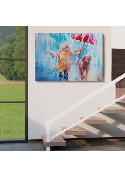 Yağmurda Köpeğini Gezdiren Cocuk Yağlıboya Görünümlü Kanvas TABLO-3454 indirimleri