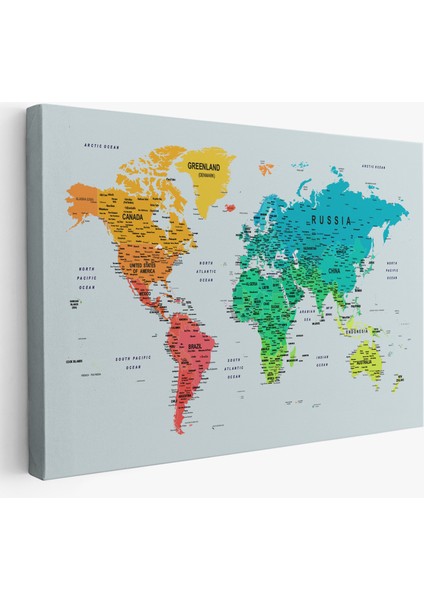 Detaylı Dünya Haritası Dekoratif Renkli Zeminli Kanvas Tablo 1710