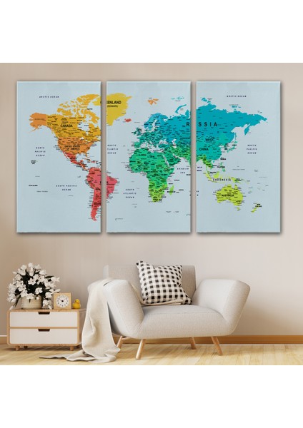 Detaylı Dünya Haritası Dekoratif Renkli Zeminli Kanvas Tablo 1710 modelleri