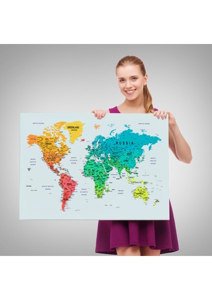 Detaylı Dünya Haritası Dekoratif Renkli Zeminli Kanvas Tablo 1710 fırsatları