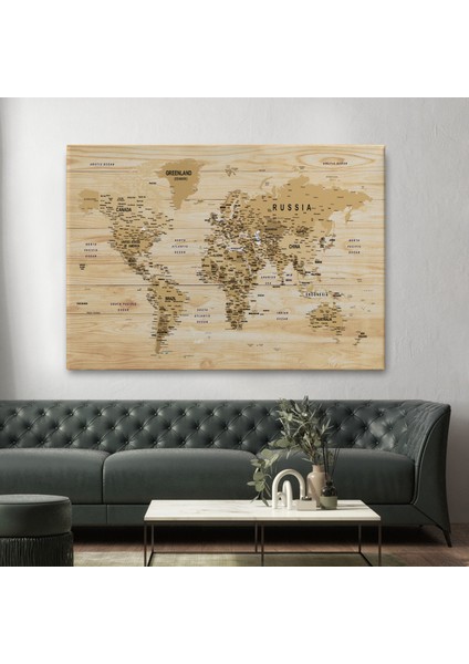 Ahşap Görünümlü Dünya Haritası Ayrıntılı ve Dekoratif Kanvas Tablo 1810 fiyatları