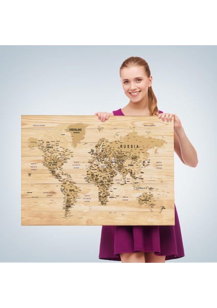 Ahşap Görünümlü Dünya Haritası Ayrıntılı ve Dekoratif Kanvas Tablo 1810 fırsatları