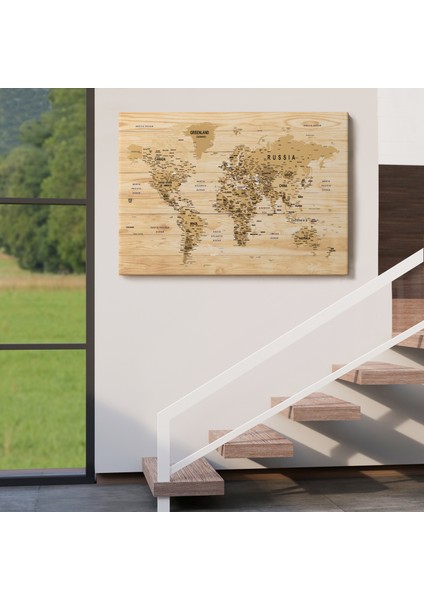 Ahşap Görünümlü Dünya Haritası Ayrıntılı ve Dekoratif Kanvas Tablo 1810 indirimleri