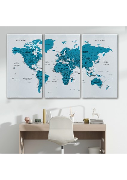 Türkçe Dünya Haritası Dekoratif Kanvas Tablo Son Derece Detaylı 1609 modelleri
