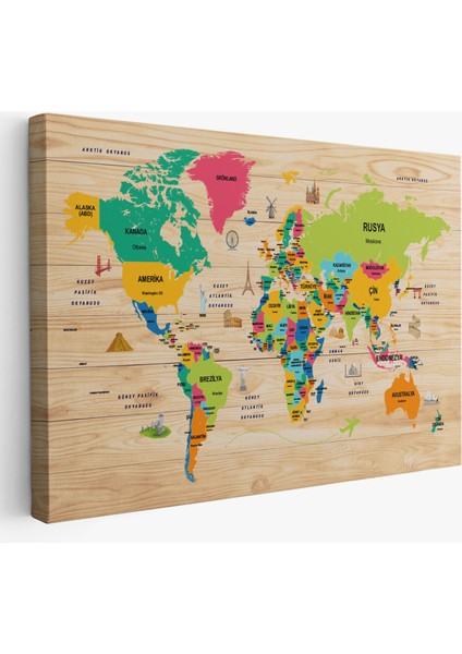 Ahşap Görünümlü Türkçe Dünya Haritası Dekoratif Kanvas Tablo 2098