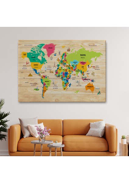 Ahşap Görünümlü Türkçe Dünya Haritası Dekoratif Kanvas Tablo 2098 fiyatları