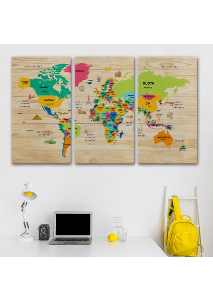 Ahşap Görünümlü Türkçe Dünya Haritası Dekoratif Kanvas Tablo 2098 modelleri