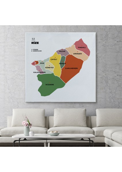 Rize Ili ve Ilçeler Haritası Dekoratif Kanvas Tablo 1440 fiyatları