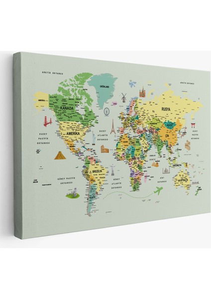 Türkçe Dünya Haritası Çok Detaylı Ünlü Yerler Sembollü Kanvas Tablo 1741