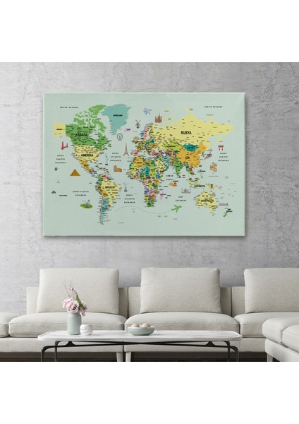Türkçe Dünya Haritası Çok Detaylı Ünlü Yerler Sembollü Kanvas Tablo 1741 fiyatları