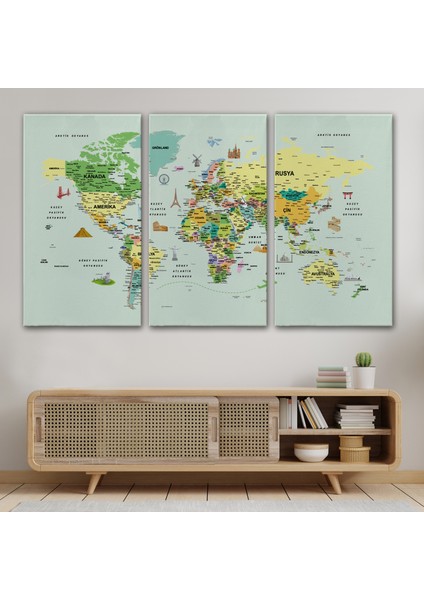 Türkçe Dünya Haritası Çok Detaylı Ünlü Yerler Sembollü Kanvas Tablo 1741 modelleri
