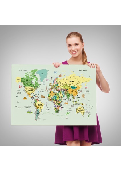 Türkçe Dünya Haritası Çok Detaylı Ünlü Yerler Sembollü Kanvas Tablo 1741 fırsatları