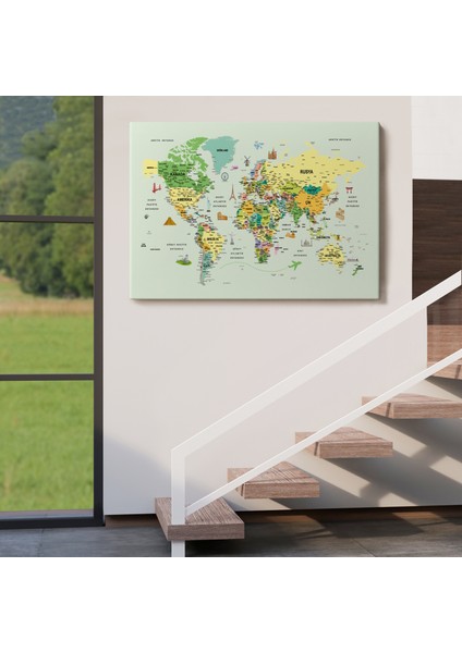 Türkçe Dünya Haritası Çok Detaylı Ünlü Yerler Sembollü Kanvas Tablo 1741 indirimleri