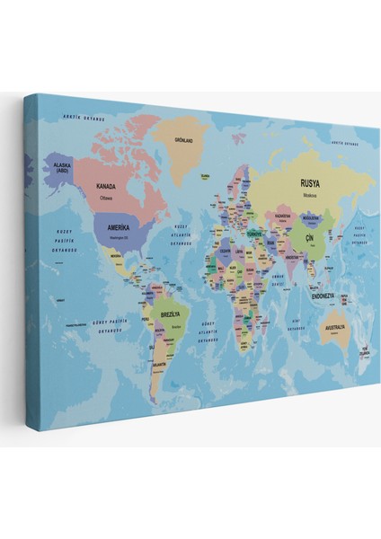 Türkçe Dünya Haritası Ülke Başkentli ve Okyanuslu Dekoratif Kanvas Tablo 2232