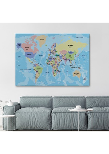 Türkçe Dünya Haritası Ülke Başkentli ve Okyanuslu Dekoratif Kanvas Tablo 2232 fiyatları
