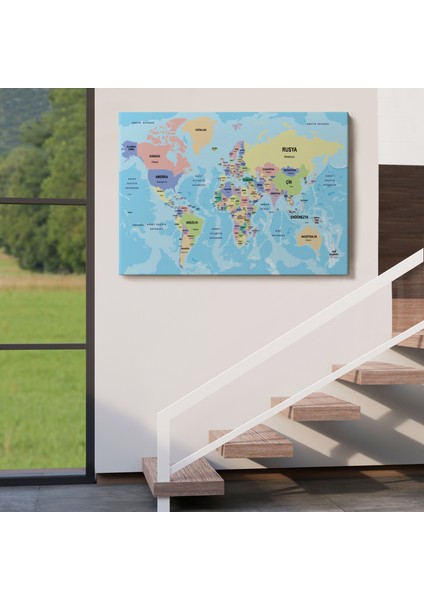 Türkçe Dünya Haritası Ülke Başkentli ve Okyanuslu Dekoratif Kanvas Tablo 2232 indirimleri