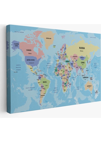 Dünya Haritası Ülke Başkentli Okyanuslu ve Dekoratif Kanvas Tablo 2233