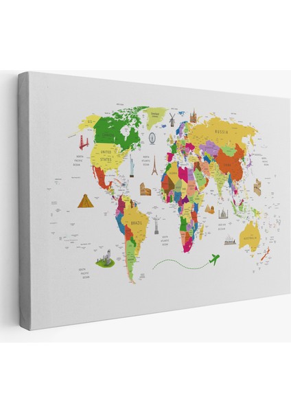 Dünya Haritası Dekoratif Kanvas Tablo Ülke ve Başkentli Öğretici ve Sembollü 2287