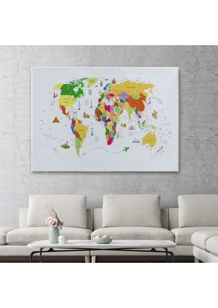 Dünya Haritası Dekoratif Kanvas Tablo Ülke ve Başkentli Öğretici ve Sembollü 2287 fiyatları