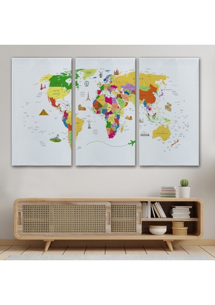 Dünya Haritası Dekoratif Kanvas Tablo Ülke ve Başkentli Öğretici ve Sembollü 2287 modelleri