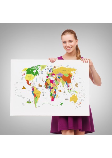 Dünya Haritası Dekoratif Kanvas Tablo Ülke ve Başkentli Öğretici ve Sembollü 2287 fırsatları
