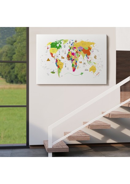 Dünya Haritası Dekoratif Kanvas Tablo Ülke ve Başkentli Öğretici ve Sembollü 2287 indirimleri