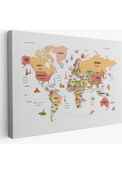 Dünya Haritası Dekoratif Kanvas Tablo Ülke ve Başkentli Öğretici ve Sembollü 2309