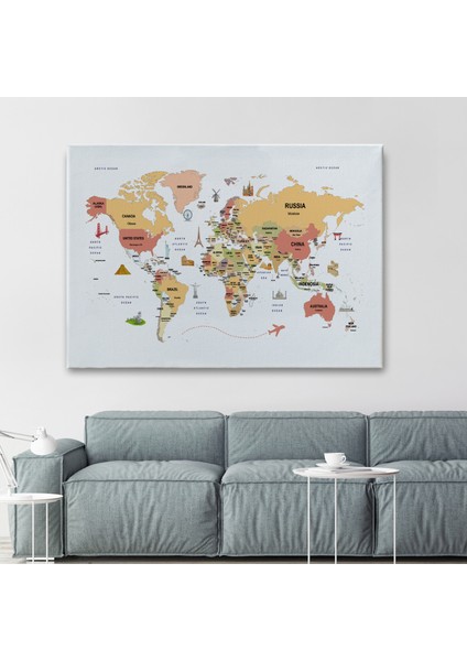 Dünya Haritası Dekoratif Kanvas Tablo Ülke ve Başkentli Öğretici ve Sembollü 2309 fiyatları