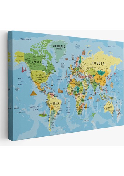 Dünya Haritası Kanvas Tablo Son Derece Detaylı Dekoratif OKYANUSLU-1992