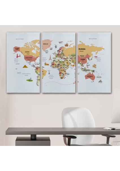 Dünya Haritası Dekoratif Kanvas Tablo Ülke ve Başkentli Öğretici ve Sembollü 2309 modelleri
