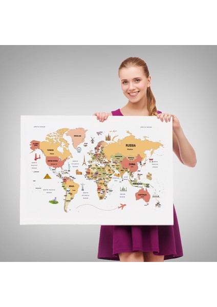 Dünya Haritası Dekoratif Kanvas Tablo Ülke ve Başkentli Öğretici ve Sembollü 2309 fırsatları