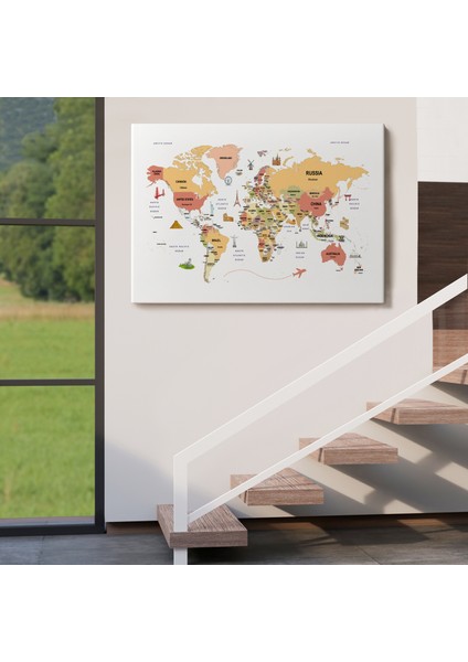 Dünya Haritası Dekoratif Kanvas Tablo Ülke ve Başkentli Öğretici ve Sembollü 2309 indirimleri