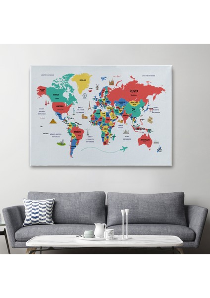 Türkçe Dünya Haritası Dekoratif Kanvas Tablo Ülke-Başkentli Öğretici ve Sembollü 2314 fiyatları