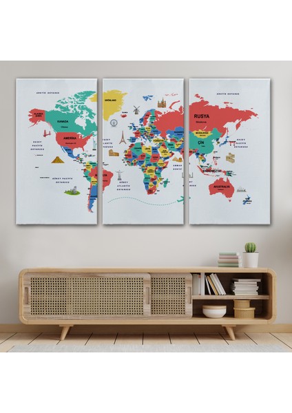 Türkçe Dünya Haritası Dekoratif Kanvas Tablo Ülke-Başkentli Öğretici ve Sembollü 2314 modelleri