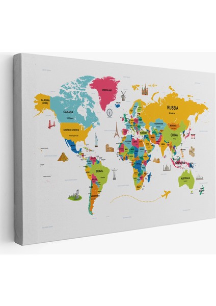 Dünya Haritası Dekoratif Kanvas Tablo Ülke ve Başkentli Öğretici ve Sembollü 2317