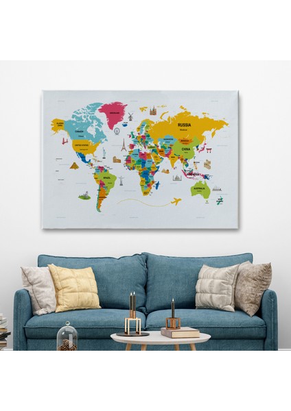 Dünya Haritası Dekoratif Kanvas Tablo Ülke ve Başkentli Öğretici ve Sembollü 2317 fiyatları