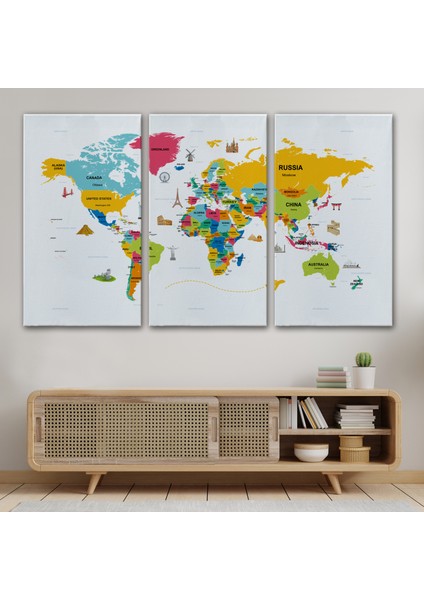 Dünya Haritası Dekoratif Kanvas Tablo Ülke ve Başkentli Öğretici ve Sembollü 2317 modelleri