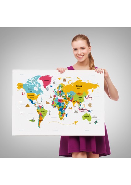 Dünya Haritası Dekoratif Kanvas Tablo Ülke ve Başkentli Öğretici ve Sembollü 2317 fırsatları
