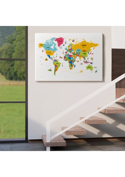 Dünya Haritası Dekoratif Kanvas Tablo Ülke ve Başkentli Öğretici ve Sembollü 2317 indirimleri