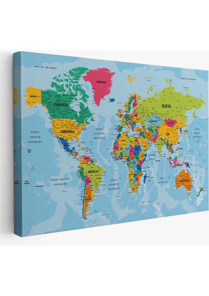 Dünya Haritası Türkçe Kanvas Tablo Ayrıntılı Dekoratif-Okyanuslu 2172