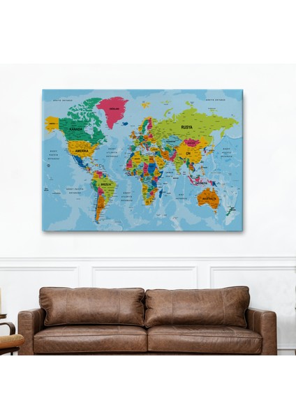 Dünya Haritası Türkçe Kanvas Tablo Ayrıntılı Dekoratif-Okyanuslu 2172 fiyatları