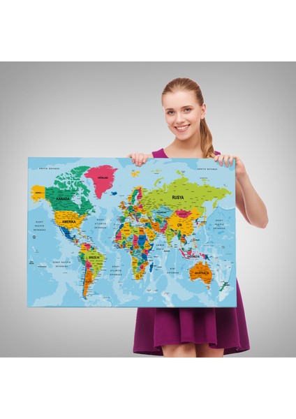 Dünya Haritası Türkçe Kanvas Tablo Ayrıntılı Dekoratif-Okyanuslu 2172 fırsatları