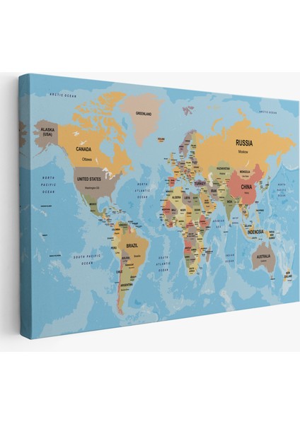 Dünya Haritası Ülke Başkentli Okyanuslu ve Dekoratif Kanvas Tablo 2229