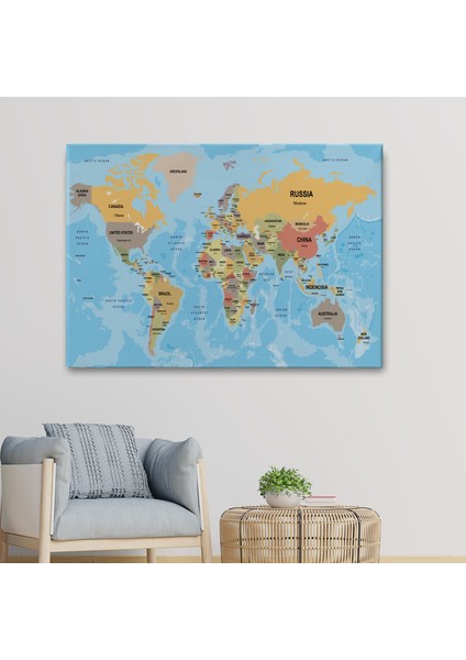 Dünya Haritası Ülke Başkentli Okyanuslu ve Dekoratif Kanvas Tablo 2229 fiyatları