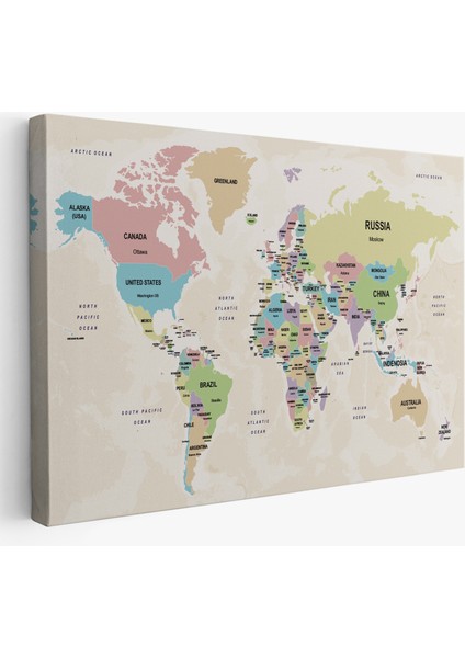 Dünya Haritası Kanvas Tablo Ülke Başkentli ve Okyanus Detaylı Tablo 2749