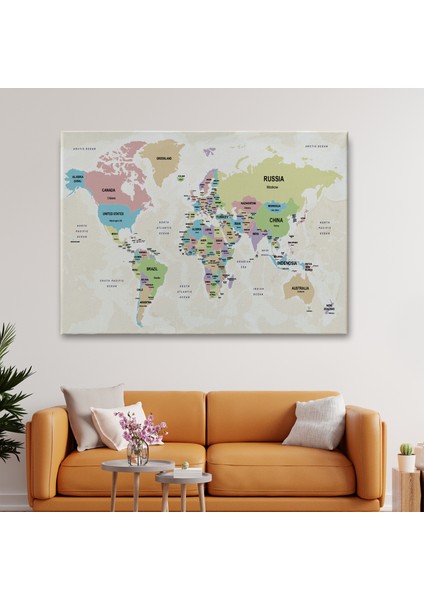 Dünya Haritası Kanvas Tablo Ülke Başkentli ve Okyanus Detaylı Tablo 2749 fiyatları