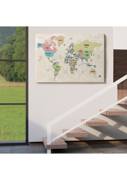 Dünya Haritası Kanvas Tablo Ülke Başkentli ve Okyanus Detaylı Tablo 2749 indirimleri