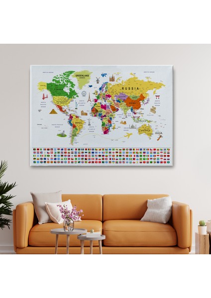 Dünya Haritası Ayrıntılı Eğitici Sembollü Bayraklı Dekoratif Kanvas Tablo 2839 fiyatları