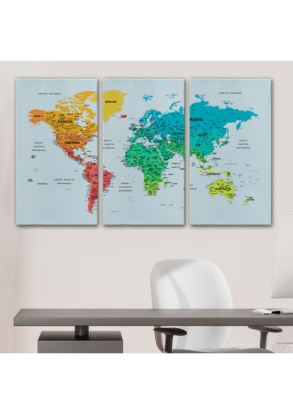 Türkçe Detaylı Dünya Haritası Dekoratif Renkli Zeminli Kanvas Tablo 1709 modelleri