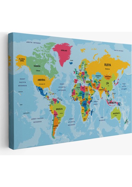 Türkçe Dünya Haritası Ülke Başkentli ve Okyanuslu Dekoratif Kanvas Tablo 2242